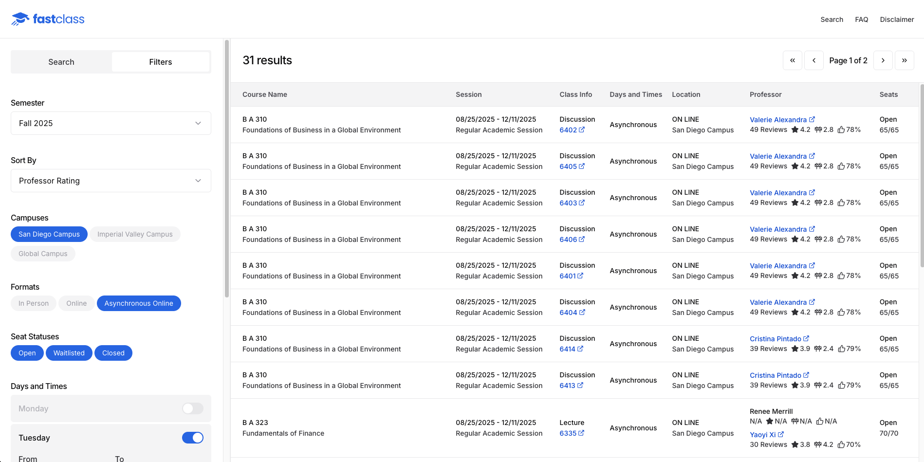 Image of the FastClass search page